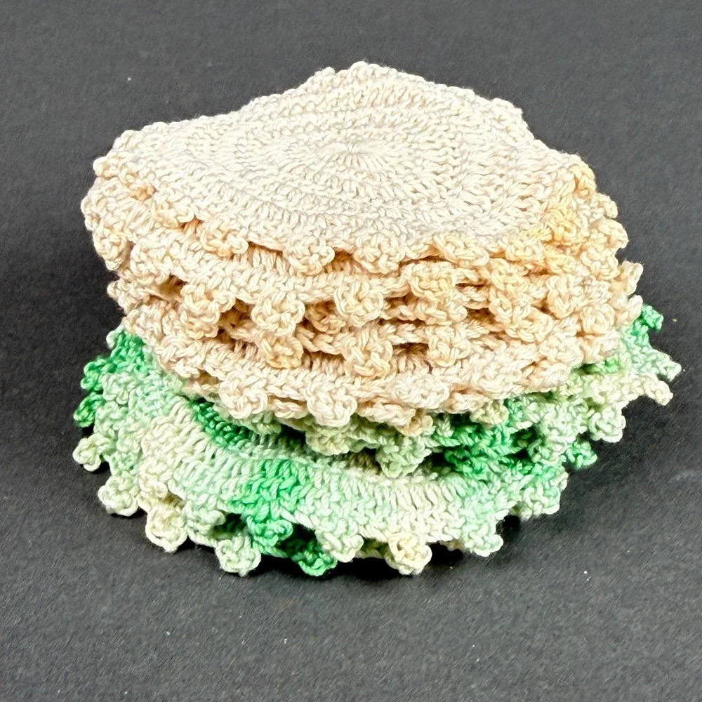 Vintage Handmade Crochet Coasters Set 14 Green Cream Round